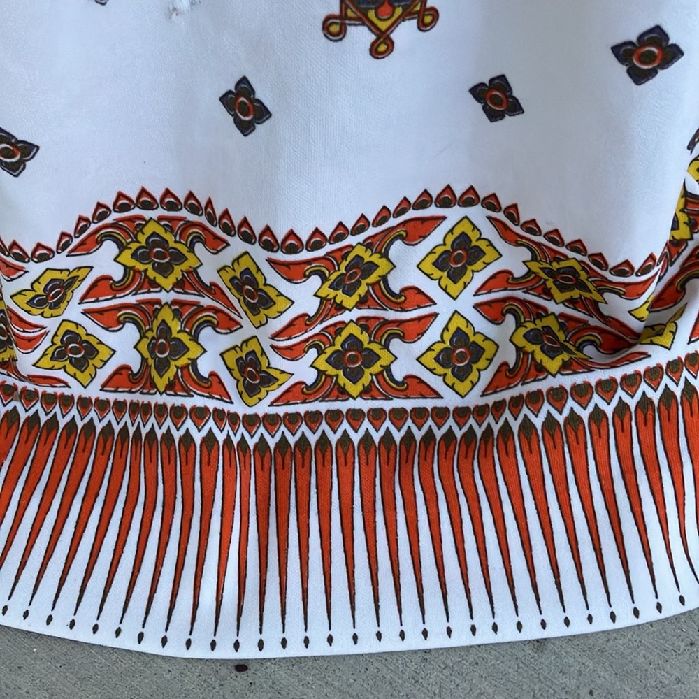 Vintage 60s 70s Alfred Shaheen Geometric Border Print White & Orange Maxi Dress - Picture 4 of 11
